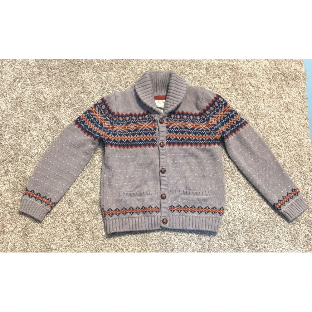 Rorie Whelan Cardigan Sweater Boys 6 Gray Fair Isle Shawl‎ Collar Cotton Knit